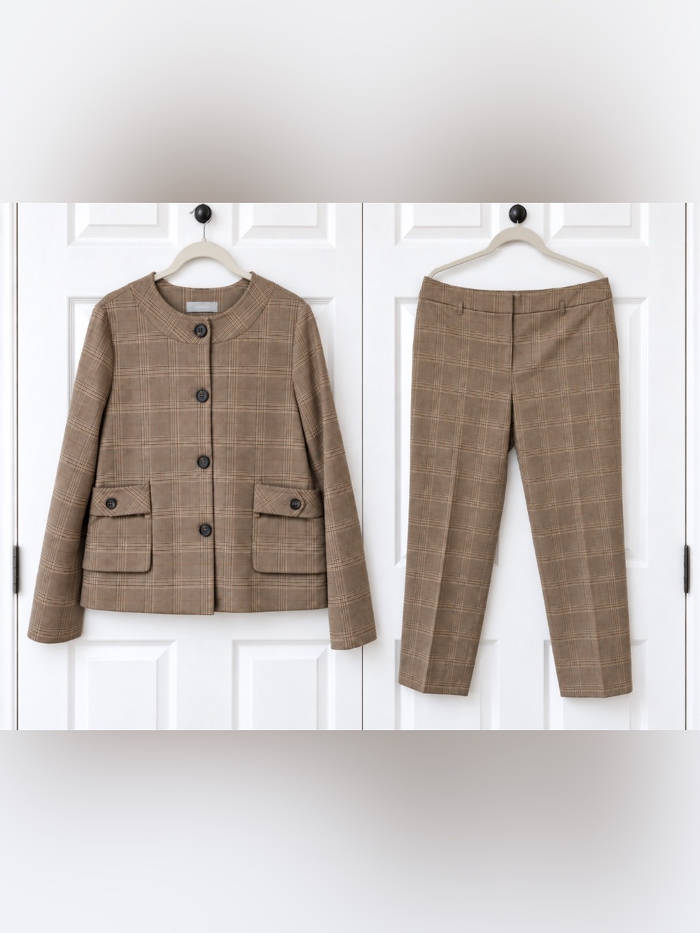 Liz Claiborne Audra Suit Petite 14 Taupe Brown Plaid Blazer & Pants Set